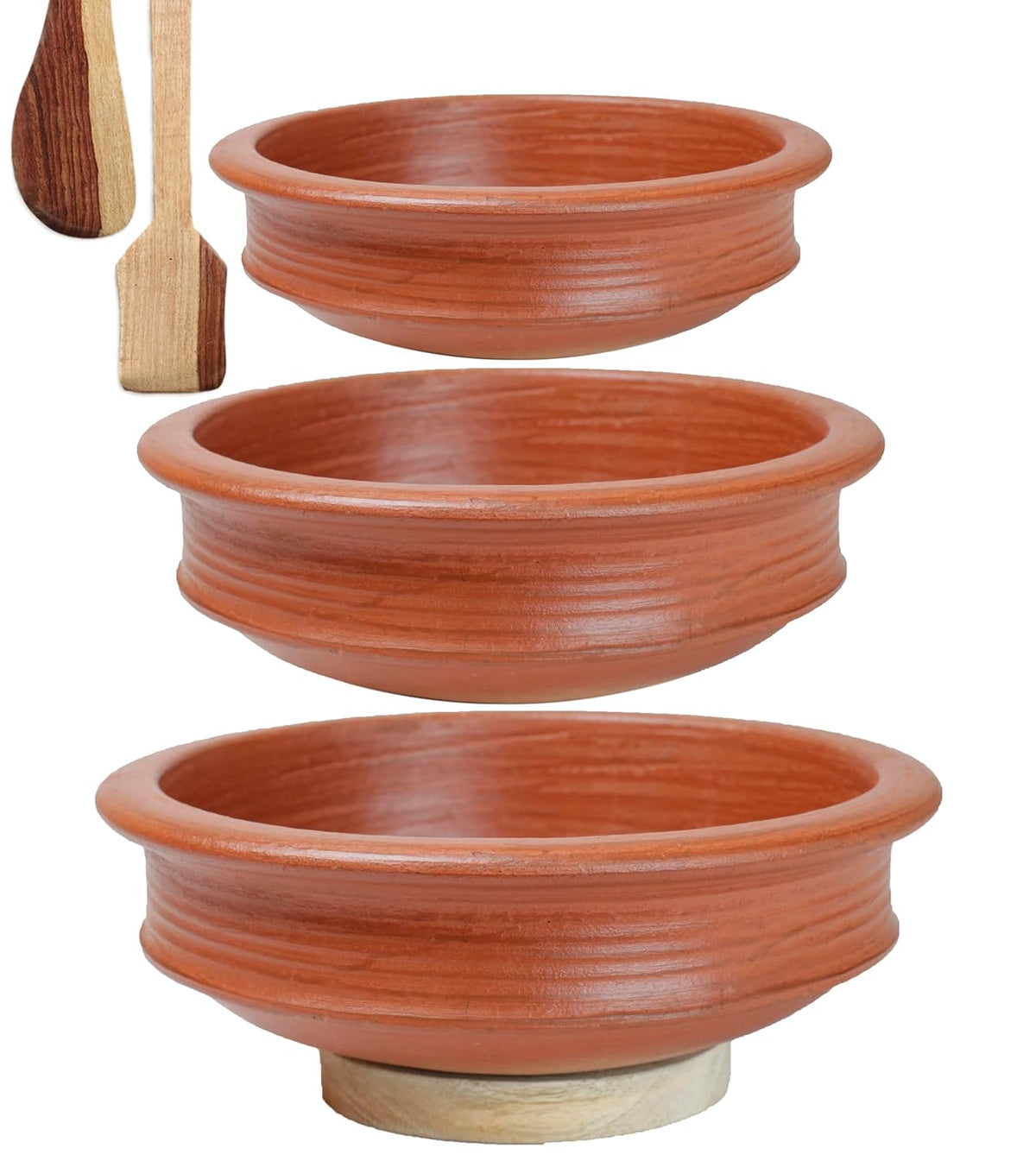 Deep Burned Uncoated Clay Pot Or Mitti Handi Combo With 2 Wooden Spatulas Complimentary Pack Of 3 - Red, 1 + 2 + 3 Liters | Pre-Seasoned Mud Pot - Unglazed, Double Fired, Hand Crafted