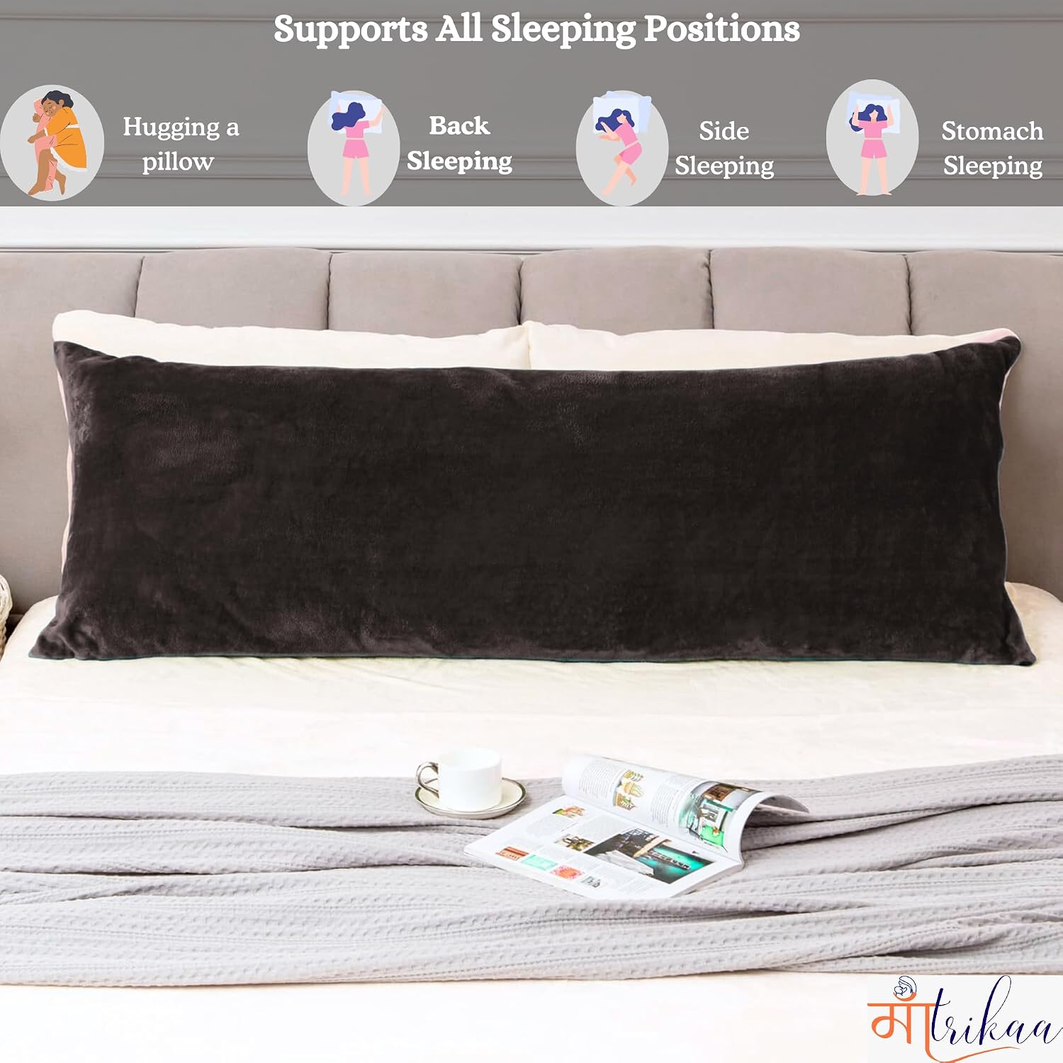 Full Body Pillow, Long Sleeping, For Side Sleeping Hugging, Cuddling, Coffee - 54 X 18 Inches | For Relaxing & Pregnancy Comfort, Velvet Pillow With Removable Cover, Adjustable Pillow