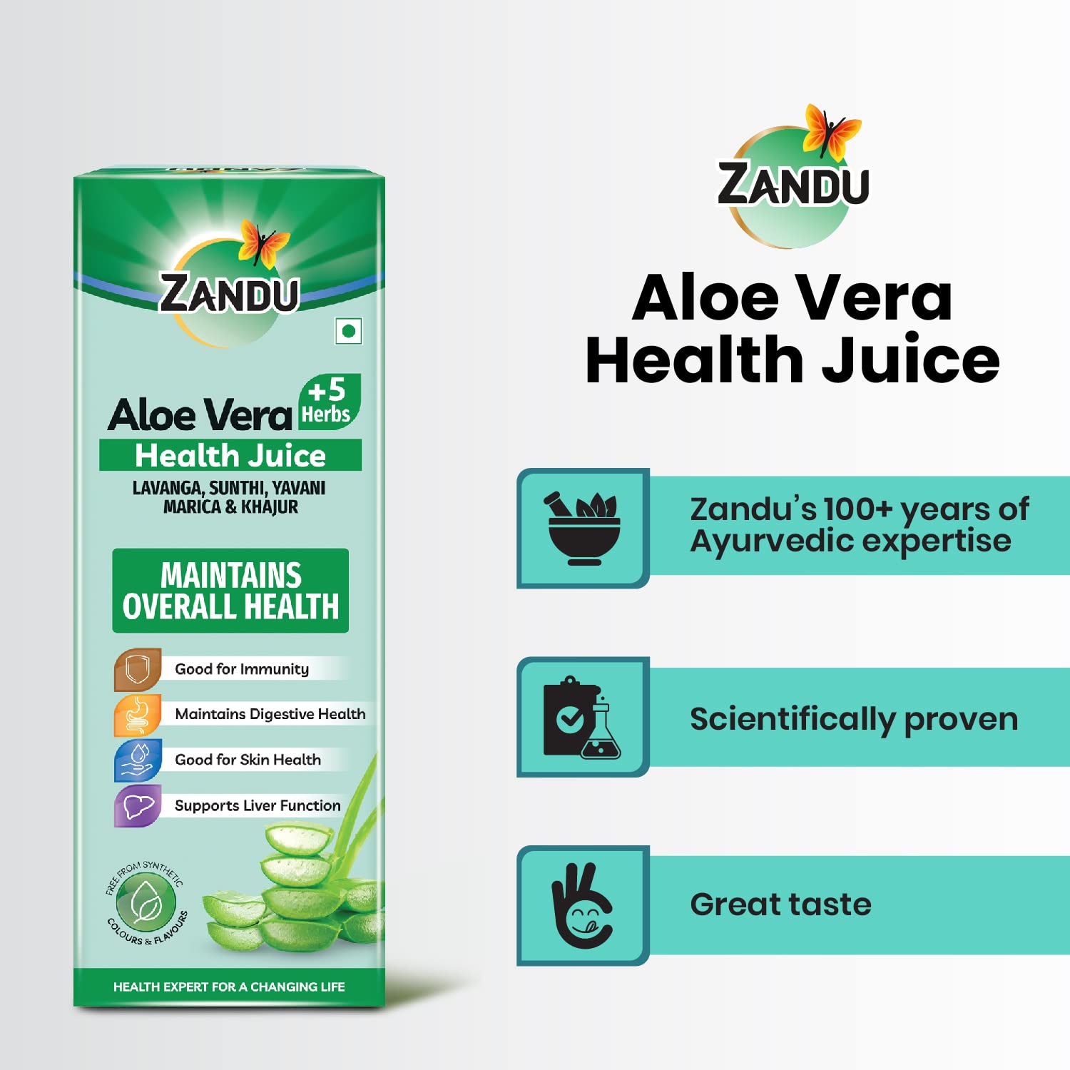 Zandu Aloe Vera Juice With 5 Added Herbs, Pure & Natural, Ayurvedic Immunity Booster, Good For Digestive Health, Skin Health, No Added Sugar, 1 L 2.2lbs