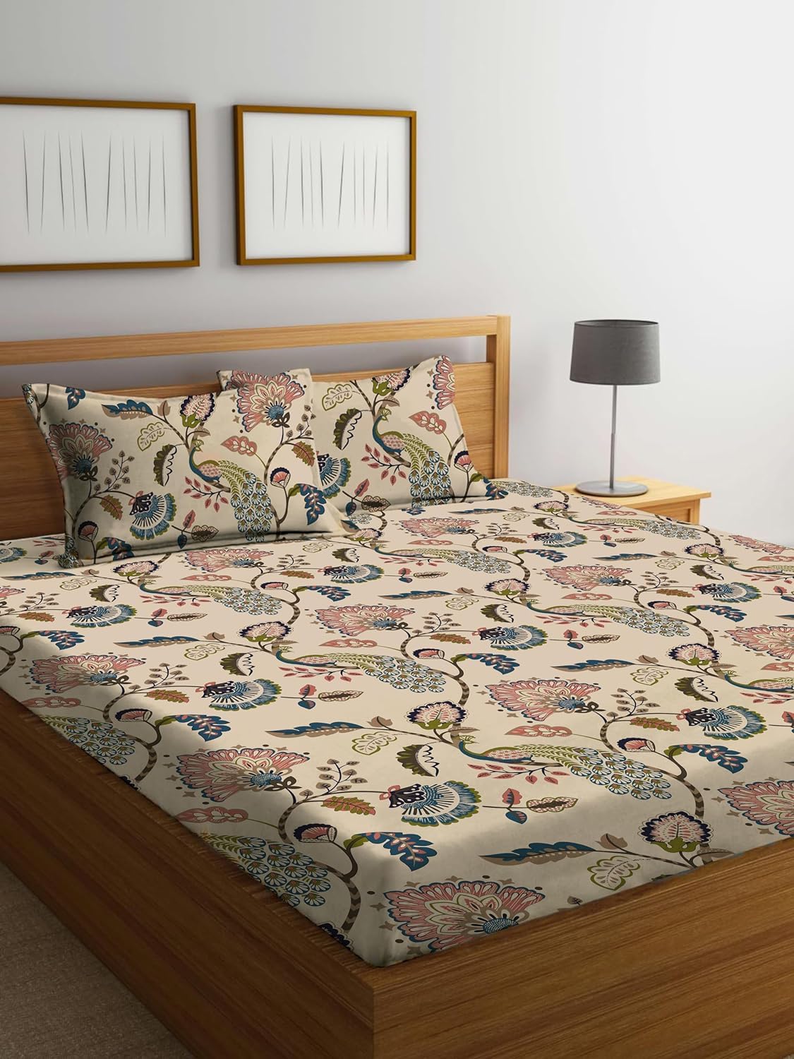 Cotton Printed King Size Double Bedsheet With 2 Pillow Cover - 90 X 100 Inches, Multicolor | Durable & Long Lasting - All Around Elastic Fitted Bedsheet