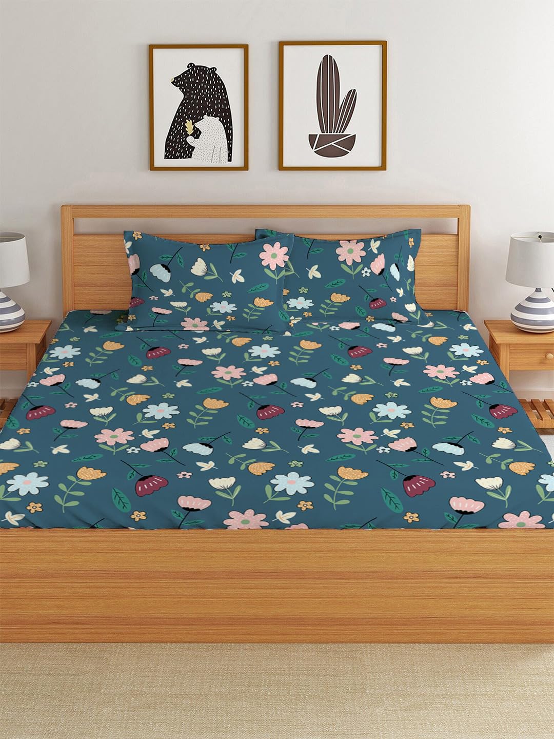 Elastic Fitted Printed King Size Double Bed Bedsheet With 2 Pillow Covers | 72 X 78 X 10 Inches, Blue | Super Soft Premium Brushed Glace Cotton Material