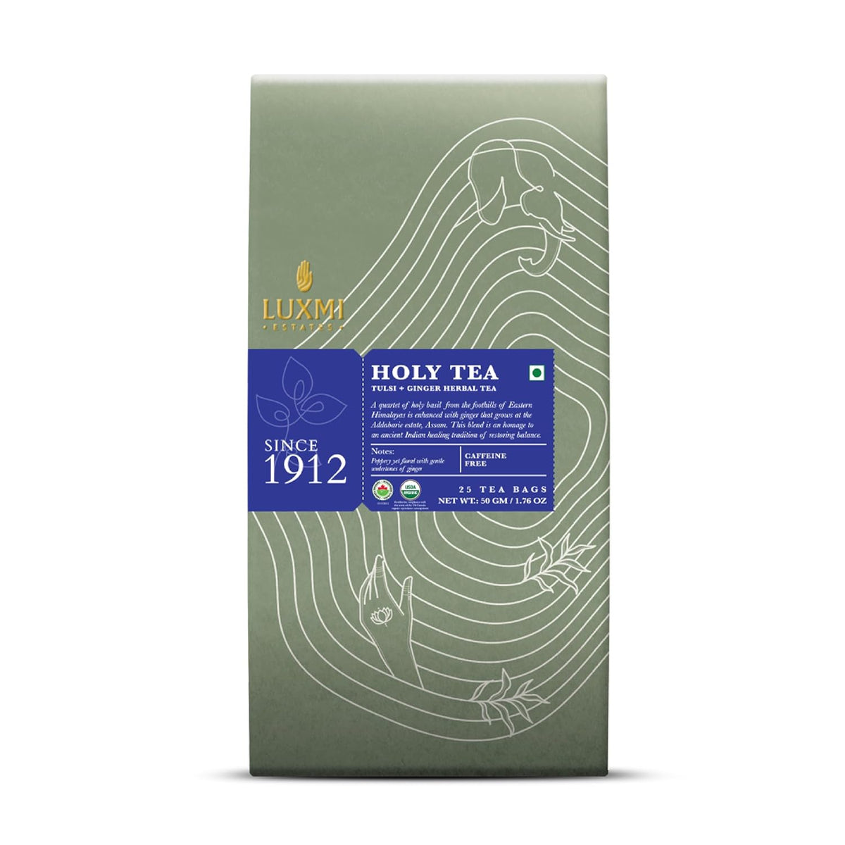 Luxmi Estates Holy Tea Powder - 50gm, 1.7 Ounce, 25 Tea Bags | USDA Certified Organic Tulsi + Ginger Herbal Tea - Caffeine Free Herbal Tea | Immune Support, Relief & Uplift Mood