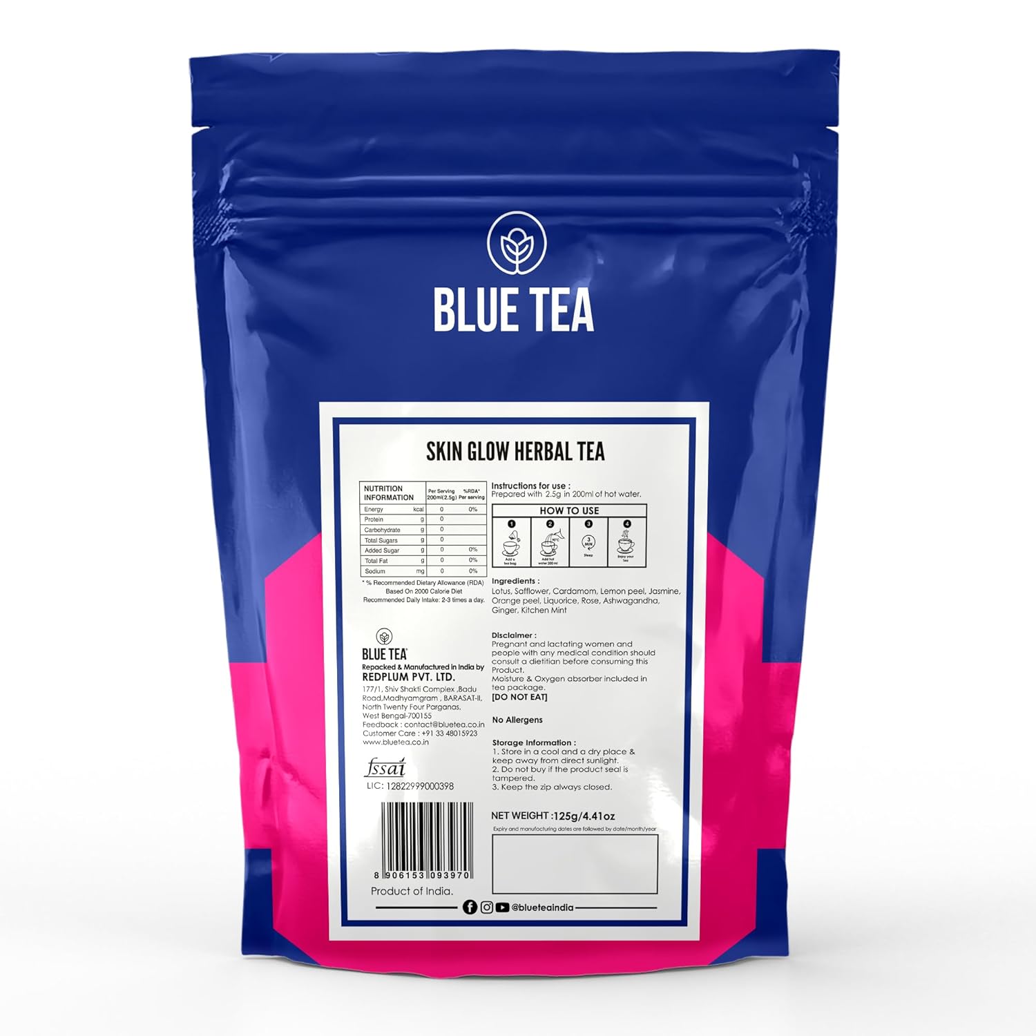 Blue Tea Caffeine Free Skin Glow Herbal Tea - 50 Pyramid Tea Bags In Zip Lock Pack | Antioxidants Support, Rich In Vitamin C - Gluten Free