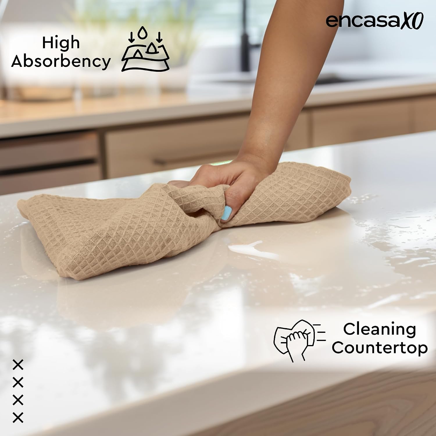 Encasa Xo Kitchen Dish Towels Set 200 Gsm | Waffle Weave & Flat Hand Tea Towel | Quick Drying Reusable Cotton Washcloths | Set Of 4 (Beige)