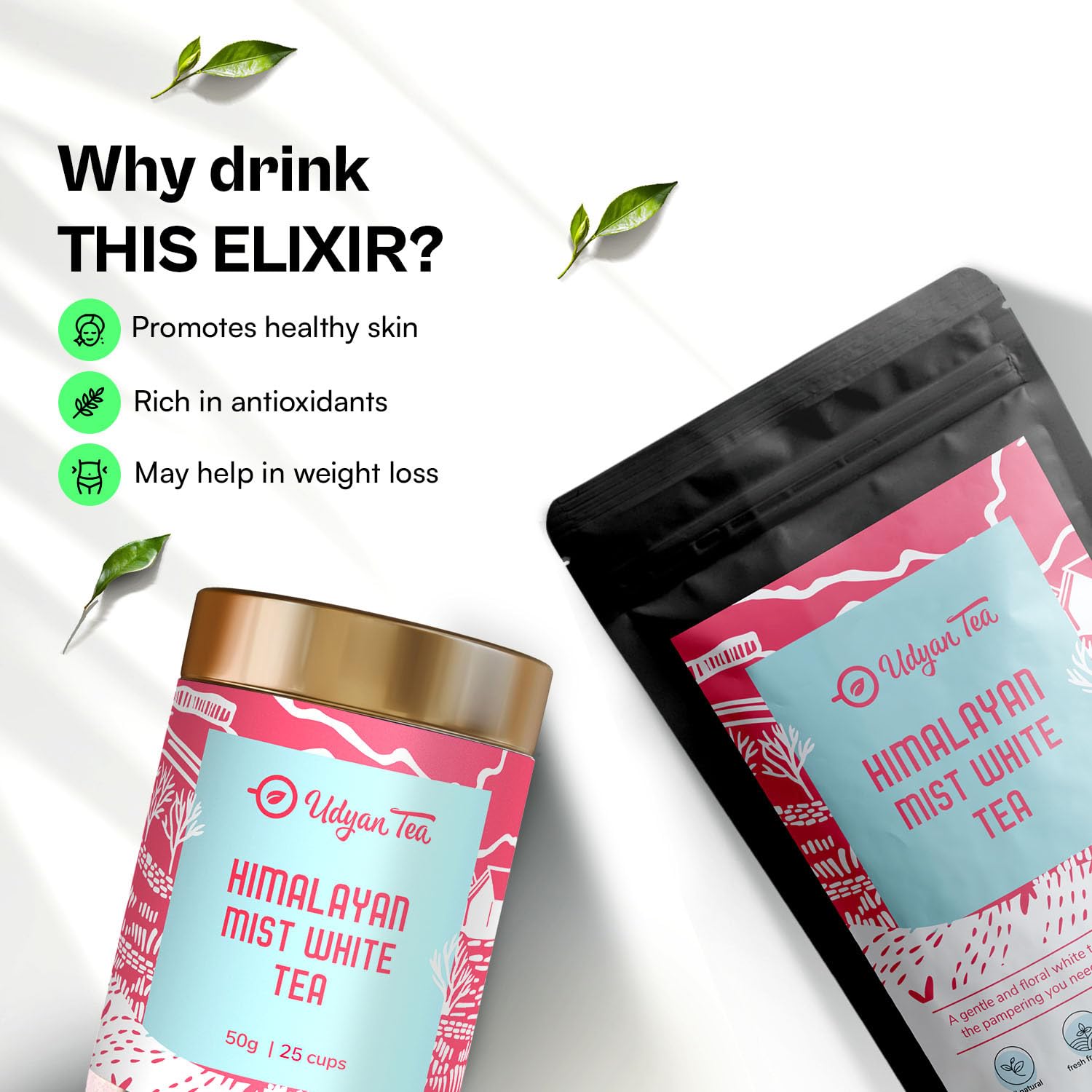 Udyan Tea Himalayan Mist White Tea - 50gm, 1.7 Ounce, 25 Cups | Fresh Loose Leaf White Tea For Healthy Skin - Handcrafted With Sweet Rose & Botanical Notes | Antioxidant Rich, Low Caffeine