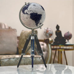Educational & Antique Blue Wooden Tripod For Home Decor World Globe Up To Date Map, Office Decor, Gift Item, Showpiece - 8 Inch, Chrome Plating, Pack Of 1