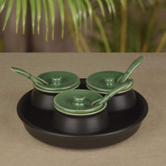 Black Matt Chutney Bowl Set With Base Tray Set Of 3 - 250ml Each | Condiment Set - Pickle Jar Set For Dining Table | Masala Container