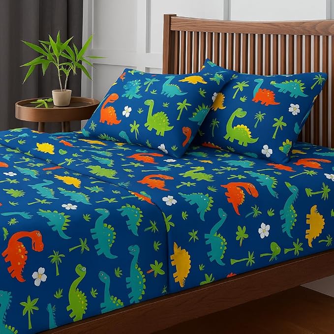 Kids King Size Bedsheet With 2 Pillow Covers - 108 X 108 Inches, Blue | Fun Dinosaur Print - Wrinkle-Free, Comfortable Bedding For Boys & Girls