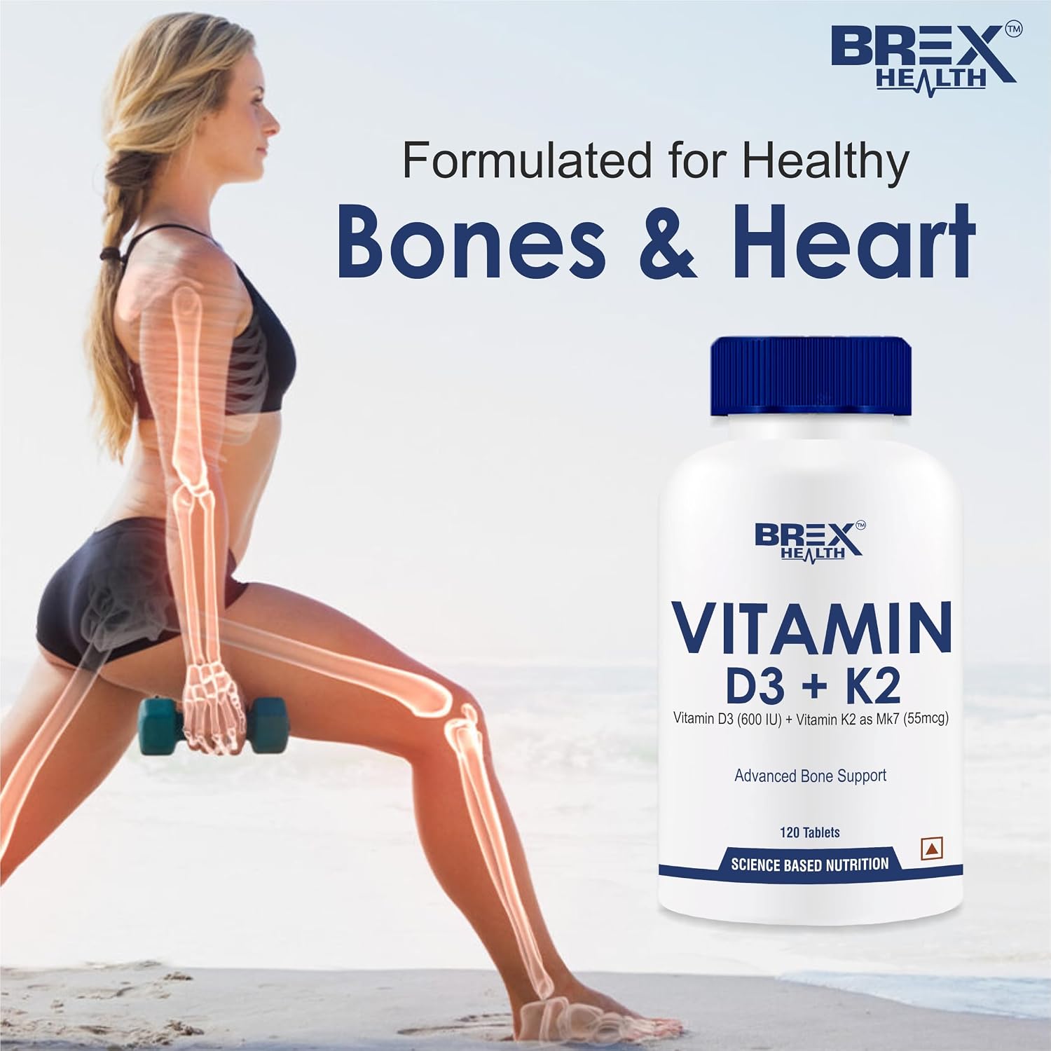 Brexhealth Vitamin D3 600 Iu + Vitamin K2 As Mk7 Supplement , For Stronger Bone Health , Supports Heart Health For Men & Women | 120 Tablets , 200gm 0.4lbs