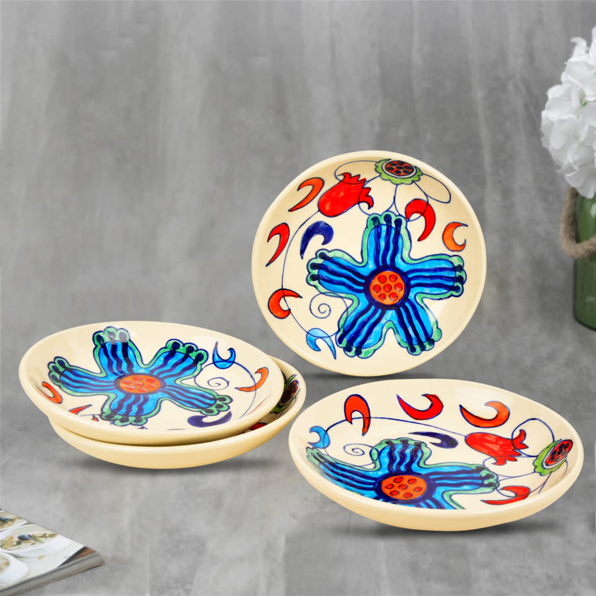 Hand Painted Ceramic Floral Round Pasta Serving Plates Set Of 4 - 8.5 Inches, Off White & Multicolor | Soup Plates - Ceramic Maggi Plates