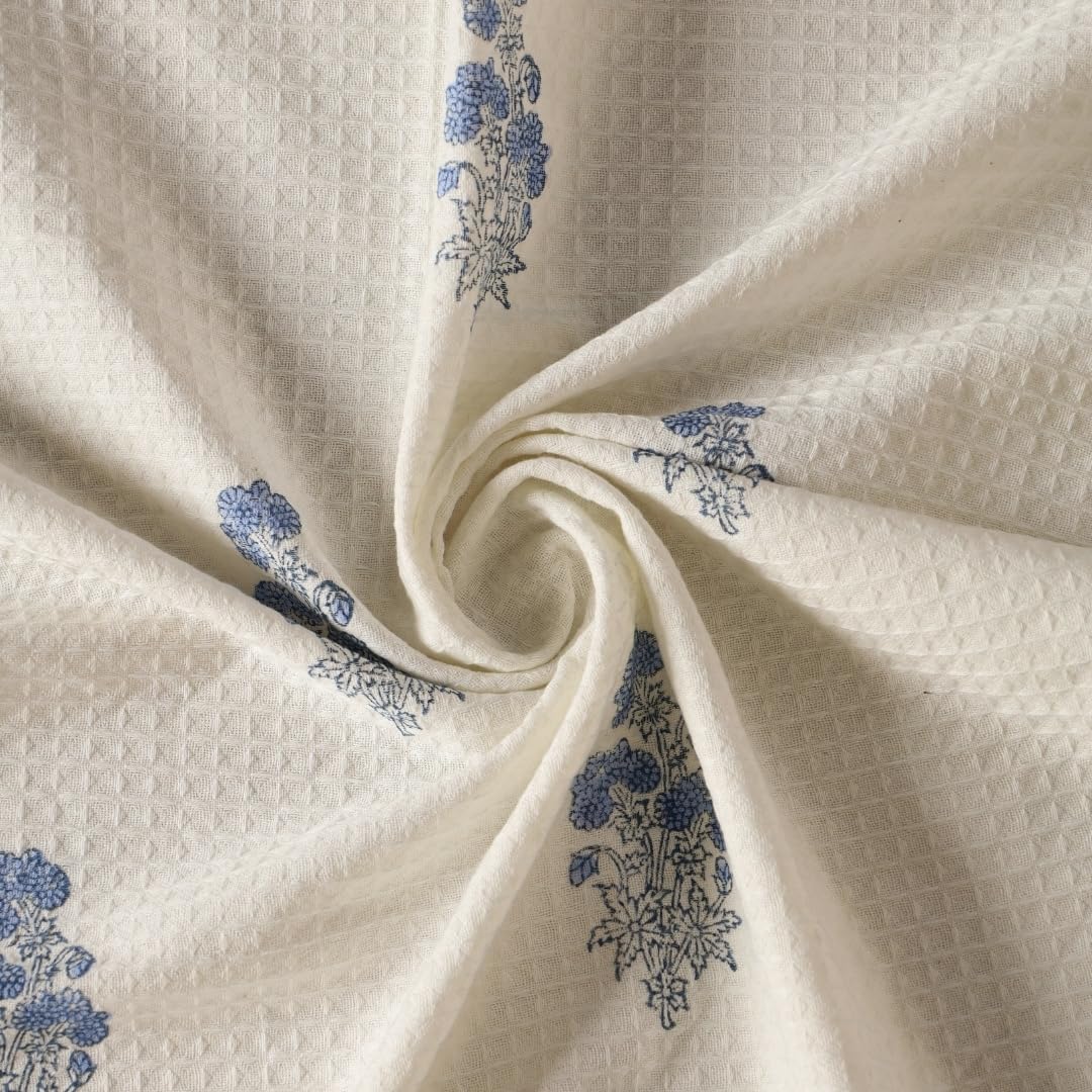 Peepul Tree Block Printed Hand & Bath Towels 240 Gsm | Super Absorbent Soft & Faster Drying, Floral Printed 100% Pure Cotton (Off-White & Blue Floral)- Pack Of 3