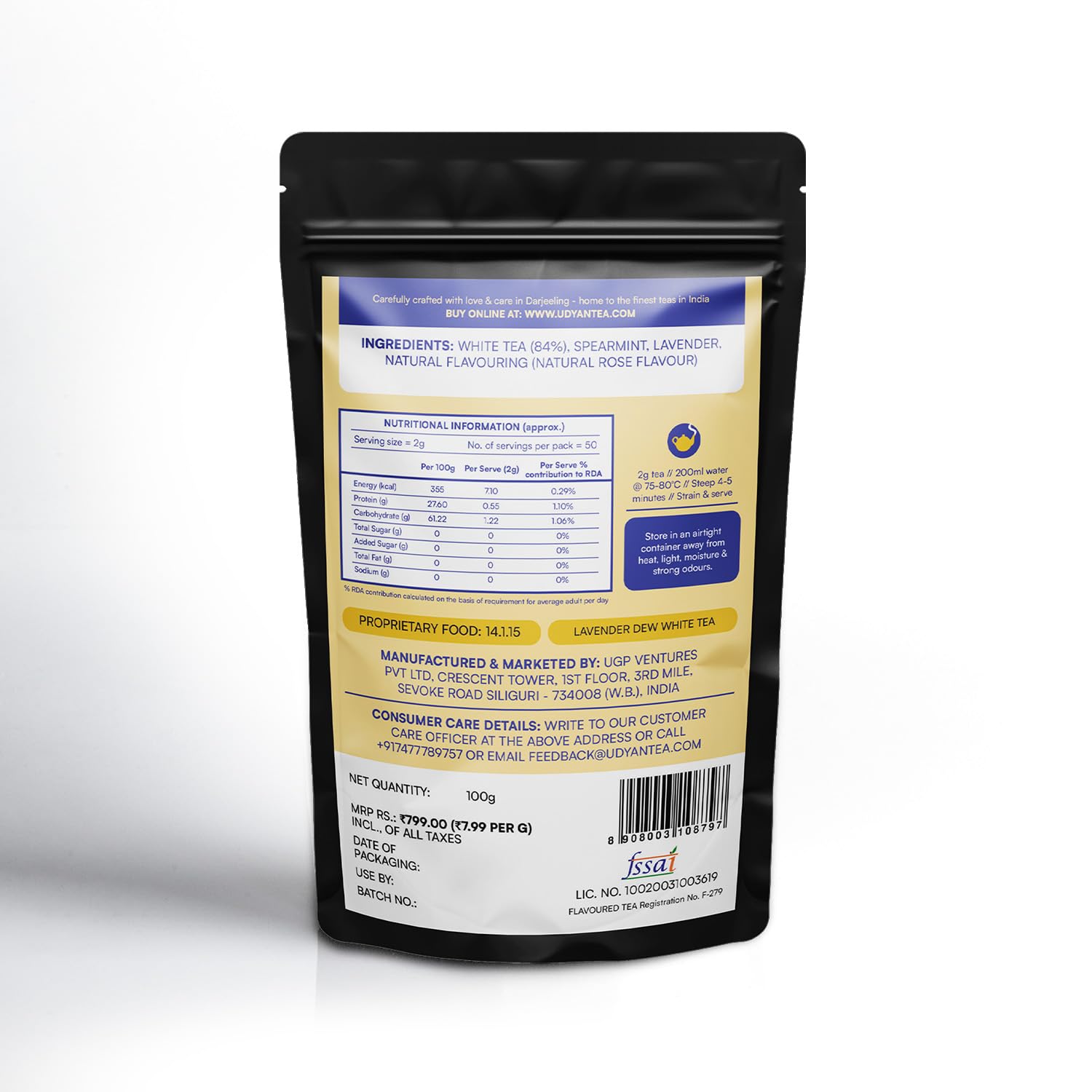 Udyan Tea Lavender Dew White Tea - 100gm, 3.5 Ounce, 50 Cups | Soothing Floral Blend With Lavender, Rose & Mint - Rich In Antioxidants For Healthy Skin | Low Caffeine Fresh Loose Leaf