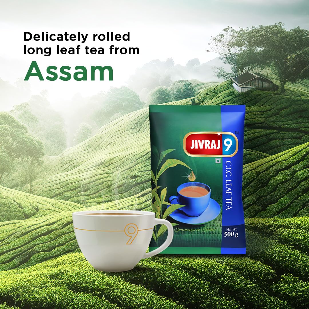 Jivraj 9 CTC Tea Leaf - 500gm, 17.6 Ounce | Crush-Tear-Curl Tea Leaf Process - Premium Assam Tea Leaves | High Caffeine, Gluten Free
