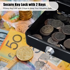 Small Cash Box, With Key Lock & Coin Try, Portable, 6" Inch Petty Cash Box, Money Safe Box | Colour - Black, Material - Alloy Steel
