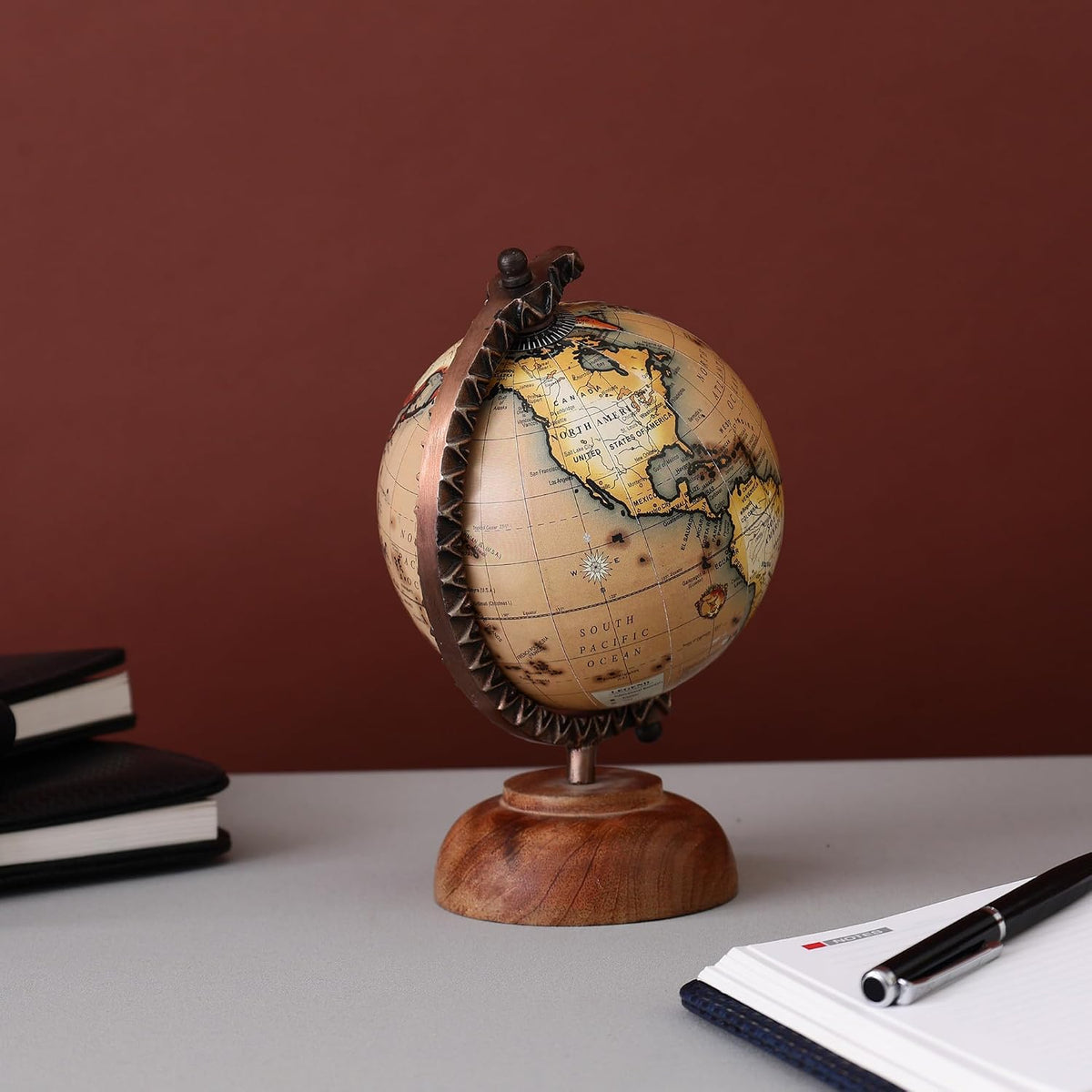Small Globe 5 Inch With Antique Arc & Handmade Base For Home Decor, Office Table, Kids Room Decor, Gift For Students, Brown, Pack Of 1