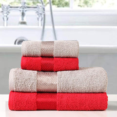 Fash Home International 100% Cotton Ultra Soft & Super Absorbent Antibacterial Bath & Hand Towel 1260 Gsm (Maroon Red and Beige) -Pack Of 4