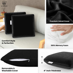 Memory Foam Square Cushion Pillow, For Car, Sofa & Diwan, Bed, Chair - Black - 12 X 12 X 4 Inch | Highly Durable, Hypoallergenic, Velvet Cover, Furniture Cushion, Multipurpose Use - Pack Of 2