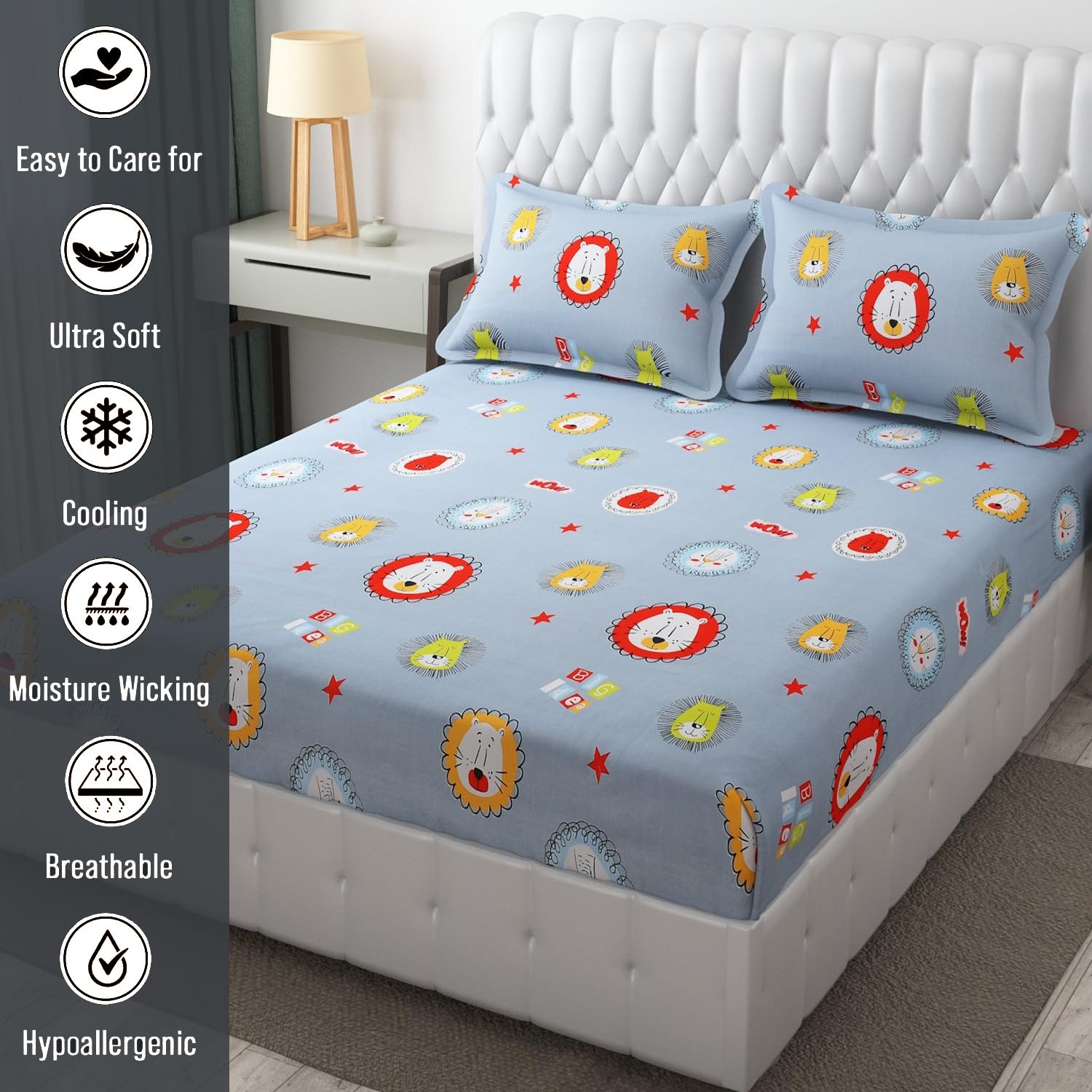 Wrinkle Free Soft Kids Double Bedsheets For King Size With 2 Pillow Cover | 90 X 95 Inches, Grey | Cartoon Printed Design | Child Bedroom Decor