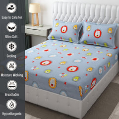 Wrinkle Free Soft Kids Double Bedsheets For King Size With 2 Pillow Cover | 90 X 95 Inches, Grey | Cartoon Printed Design | Child Bedroom Decor