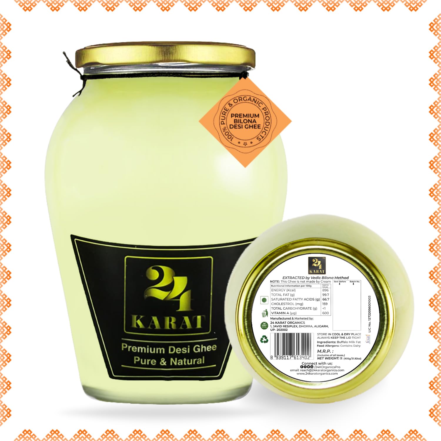 Natural Buffalo Desi Ghee By 24 Karat | Rich In Vitamins & Protein Fiber Curd-Churned Bilona Desi Ghee Good For Frying | (1 Litre) 33.8 Ounce | Jar Pack