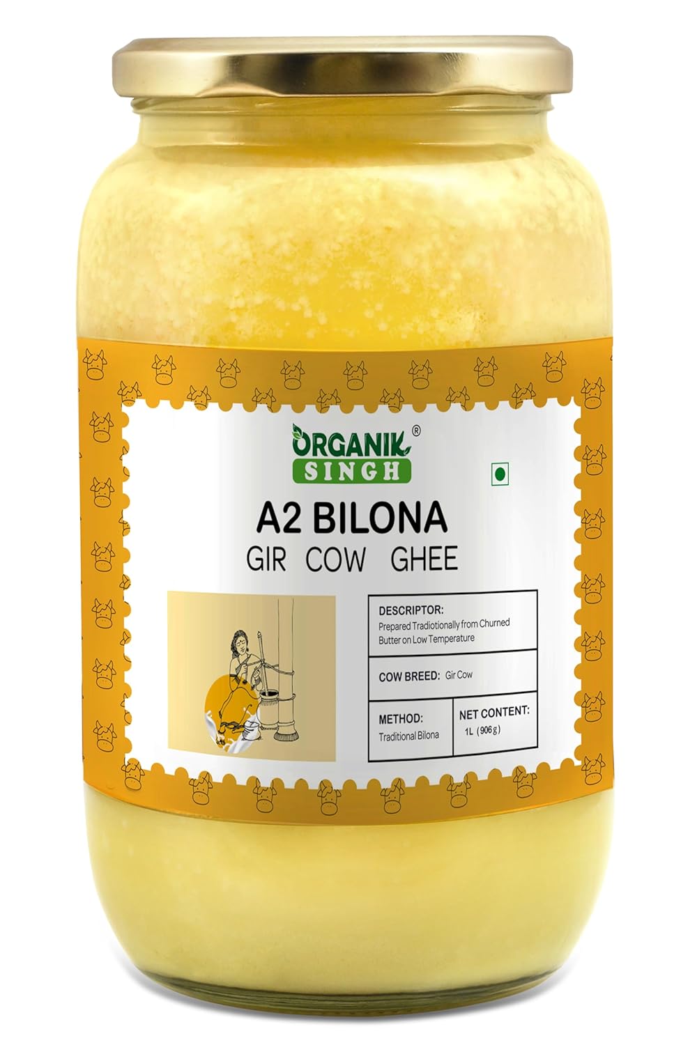 Premium A2 Bilona Desi Gir Cow Ghee By Organik Singh | Great Source Of Energy & Vitamin Healthy Desi Ghee Perfect For Sweets | (1 Litr) 33.8 Ounce | Glass Jar