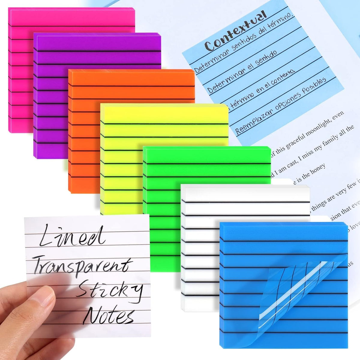 Transparent Sticky Notes, 50 Sheets Self Stick Lined Memos For School, Colors Bright - Blue