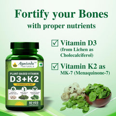 Agniveda Naturals Plant Based Vitamin D3 600 Iu + K2 As Mk7 Supplement | Supports Stronger Immunity & Bone & Heart, For Men And Women | 60 Veg Capsules , 100gm 0.2lbs