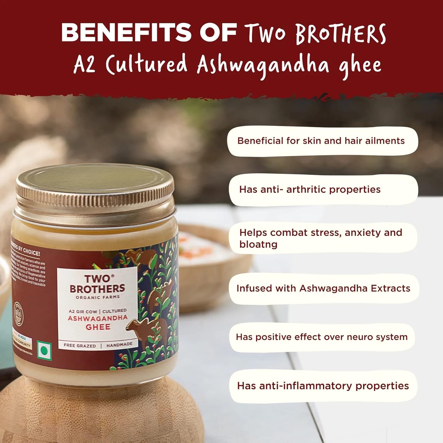 Natural (Ashwagandha) A2 Gir Cow Cultured Desi Ghee By Two Brothers Organic Farms | Naturally & Healthy Protein Fiber Desi Ghee Good For Laddus | (250ml) 8.4 Ounce | Jar Pack