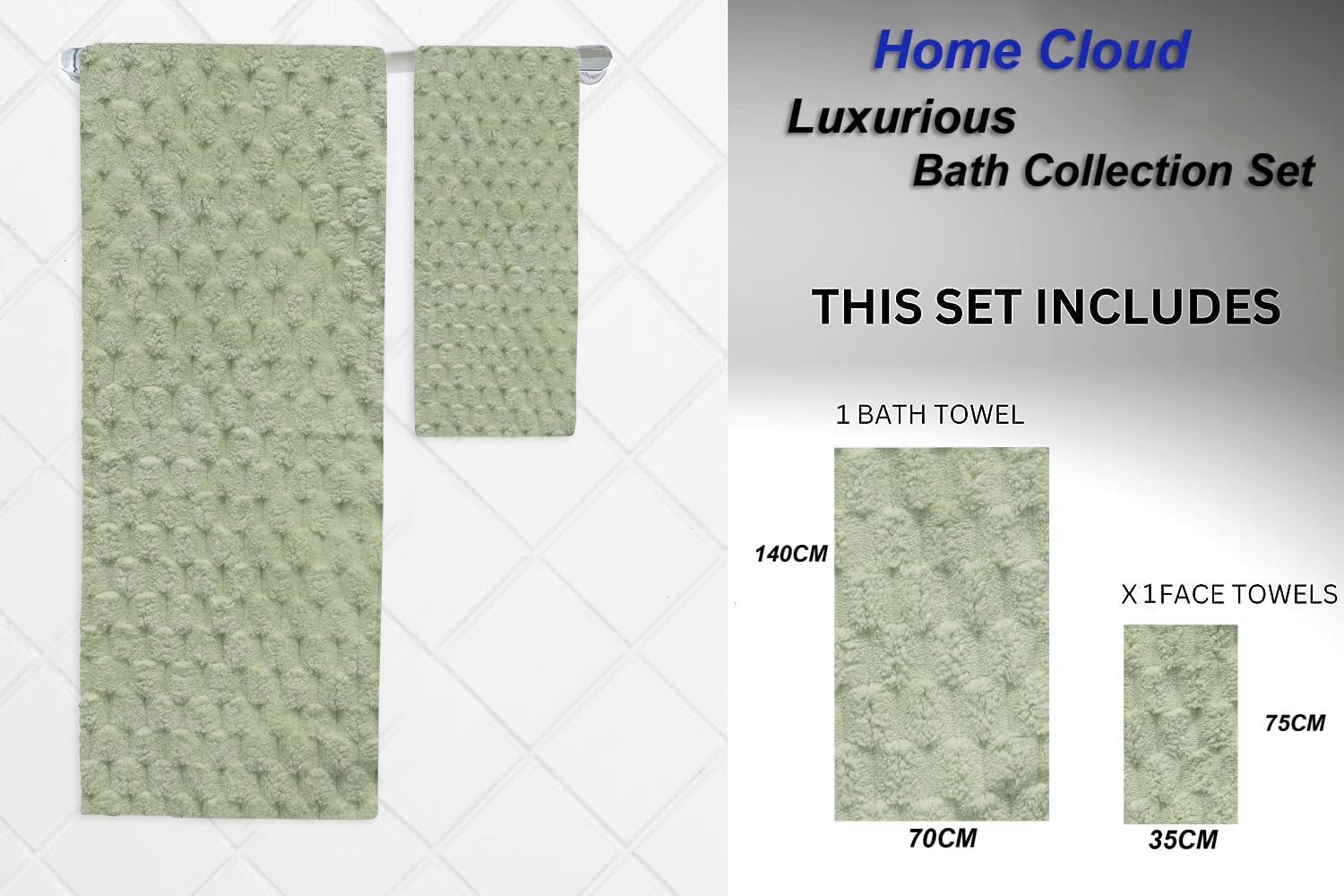 HomeCloud Microfiber Soft & Fuffy Bath & Face Towel 400 Gsm With Hanging Loop | 3x Softer Than Cotton Towels | Highly Absorbent Set Of 2 (Green)