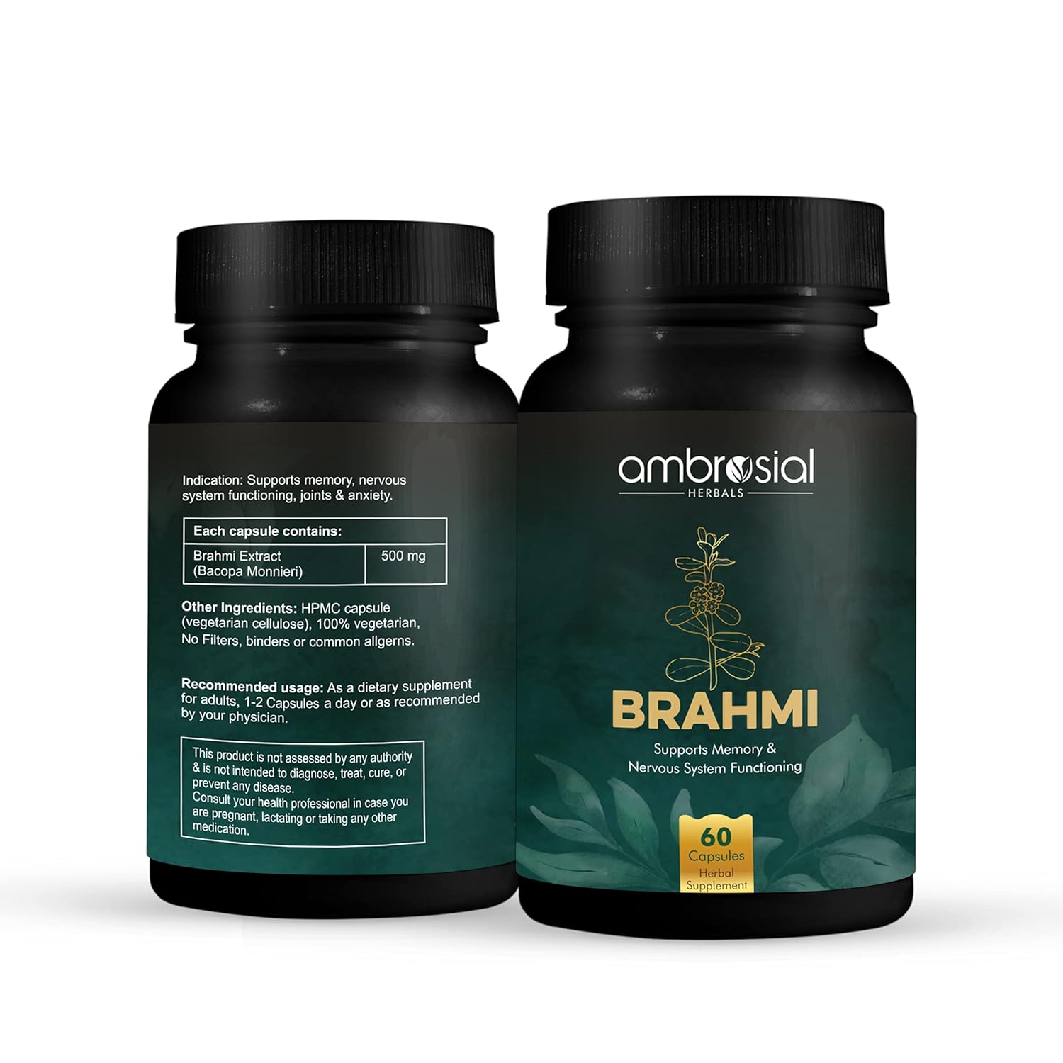 Ambrosial Brahmi Capsules 500mg Bacopa Monnieri, High Strength Brain Nootropics Supplements To Focus, Mental Performance & Energy | 60 Capsules 100gm 0.2lbs Each Pack Of 2