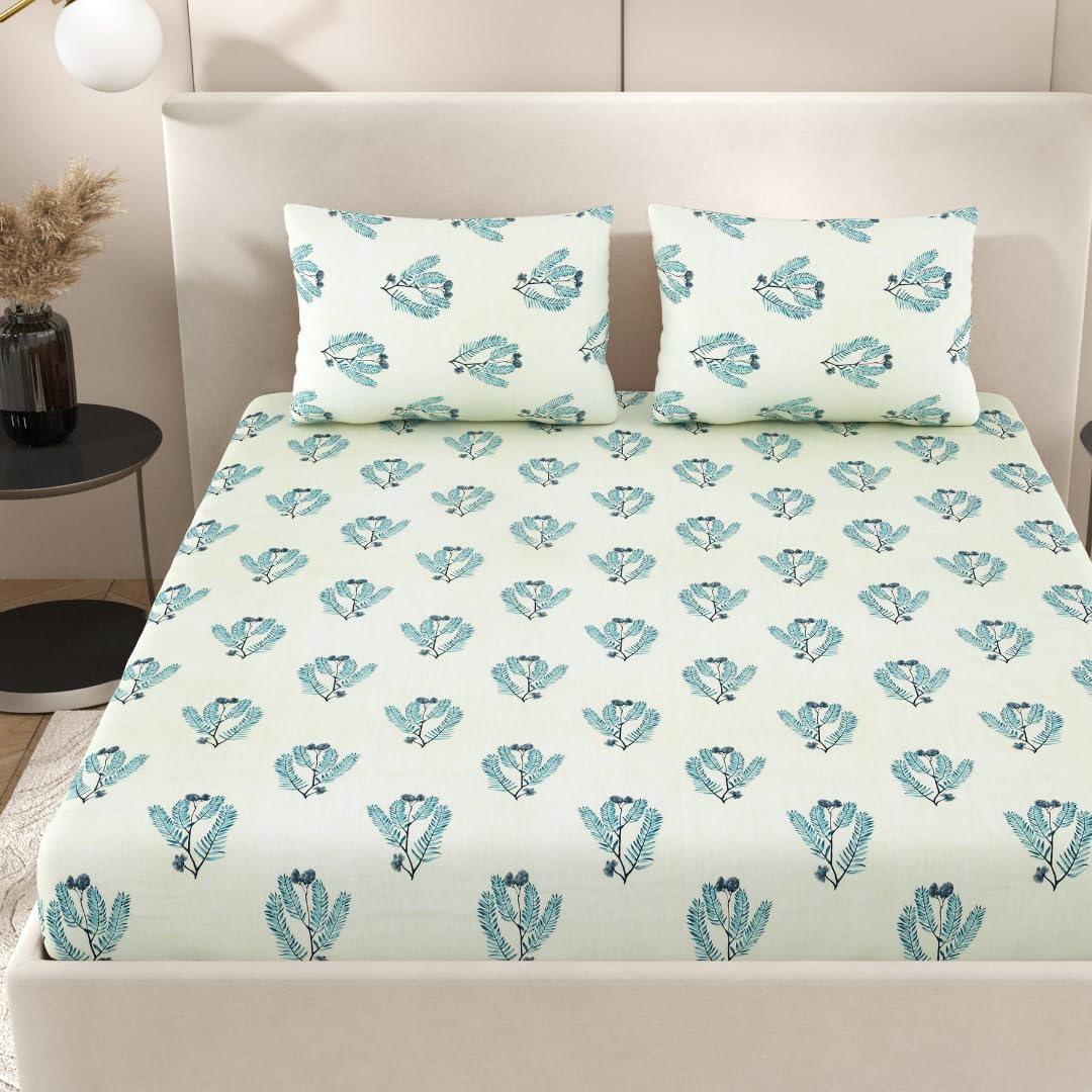 Super King Pure Cotton Bedsheet With 2 Pillow Covers | 108 × 108 Inches, Green | Soft Breathable Floral Design Bedding | Comfortable Sleep All Year