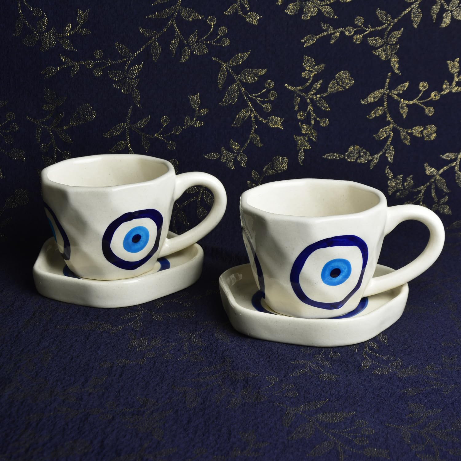 Hand Painted Ceramic Cup & Saucer Set Of 2 - Multicolor, 250ml Each | Microwave Safe Tea Cups & Mugs - Chai Cups & Plates