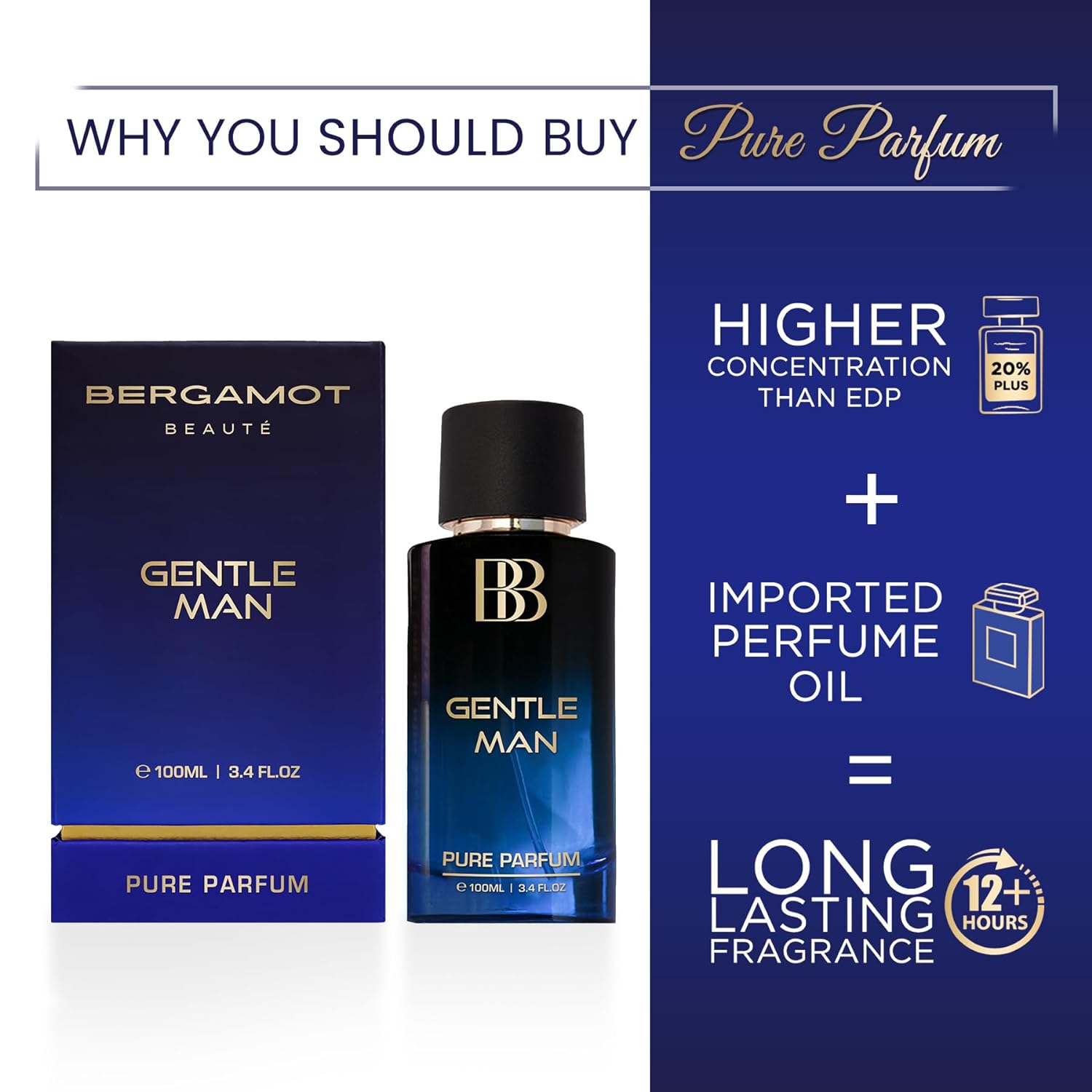 Bergamot Beaute Gentle Man Pure Parfum 100ml 3.4 Fl.oz. | 12+ Hrs Long Lasting Perfume For Men | Higher Concentration Than EDP