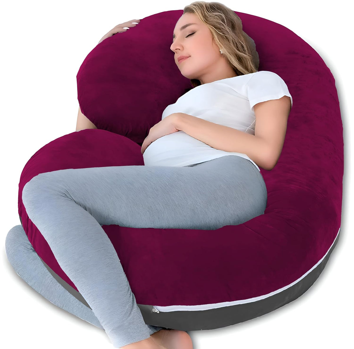 C Shaped Pillow, Pregnancy Pillow For Maternity & Baby Nursing - Wine & Grey | Pregnant Women Stomach, Spine, Neck Support, Velvet Outer Cover With Zip, Full Body Pillow, Adjustable Pillow