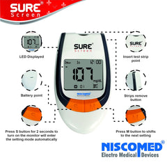 Niscomed Sure Screen Blood Sugar Checking Glucose Monitoring System With 125 Strips Glucometer (White)