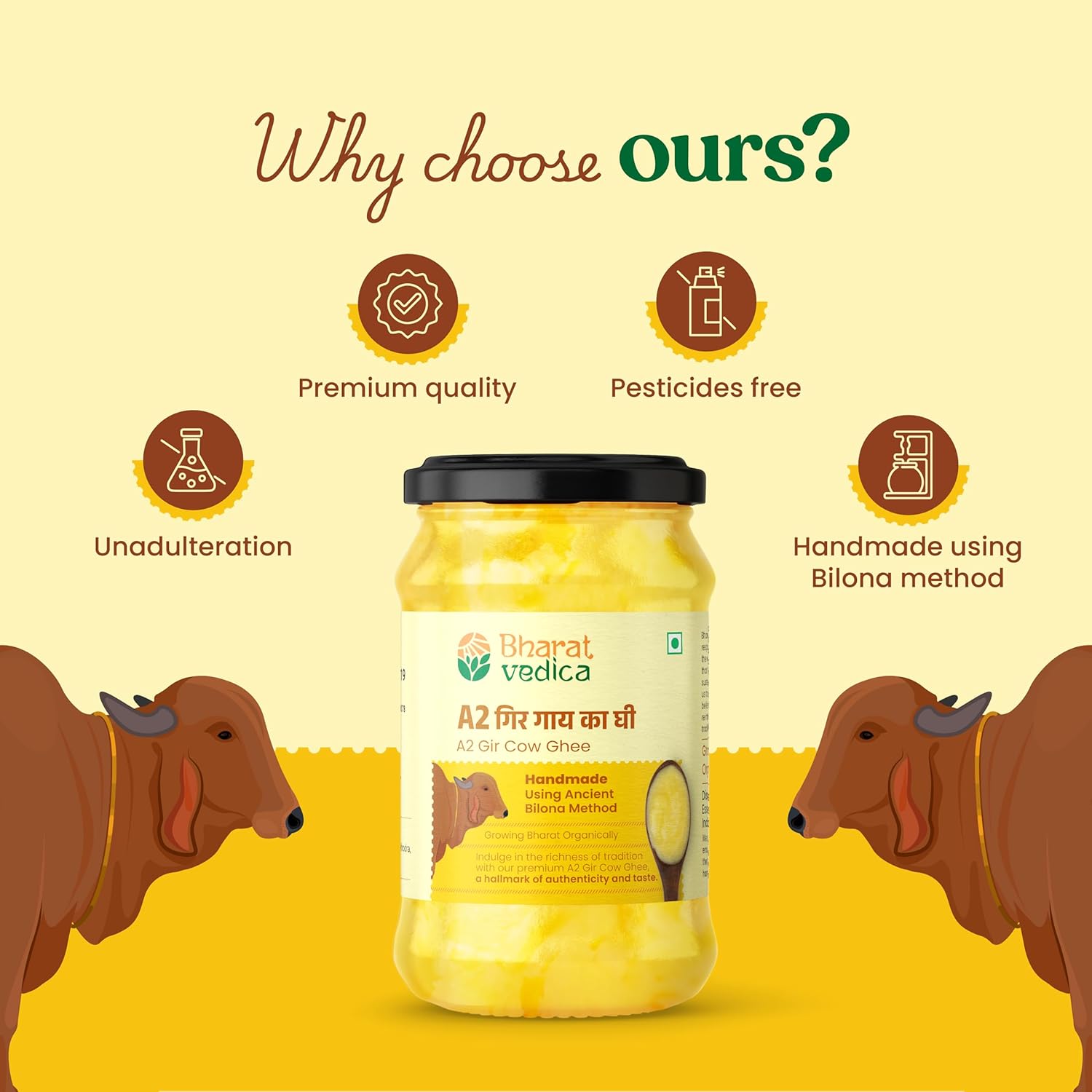 Pure A2 Gir Cow Ghee By Bharat Vedica | Handmade With The Ancient Bilona Method Pure Desi Cow Ghee For Supports Heart Health | (1 Litr) 33.8 Ounce | Jar Pack