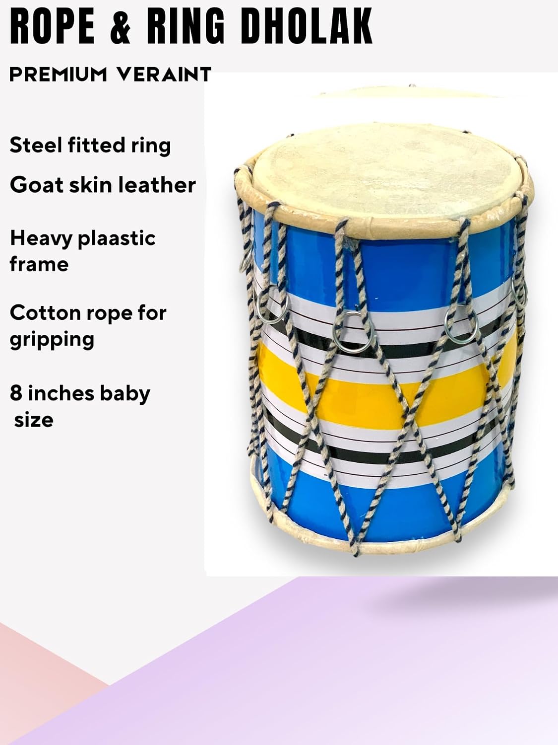 Indian Handmade Rope & Ring Dholak - Multicolor | Perfectly Symmetric Round Dholak - Dholak For Festival, Wedding, Satsang | Very Easy To Tune