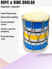 Indian Handmade Rope & Ring Dholak - Multicolor | Perfectly Symmetric Round Dholak - Dholak For Festival, Wedding, Satsang | Very Easy To Tune