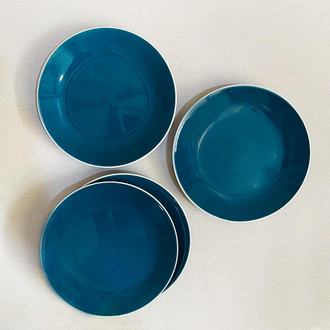 Retro Green Hand Painted Ceramic Quarter Plates Set Of 4 | Small Side Plates For Dinner & Snacks - 7 Inch, 4 Pieces, Microwave Safe