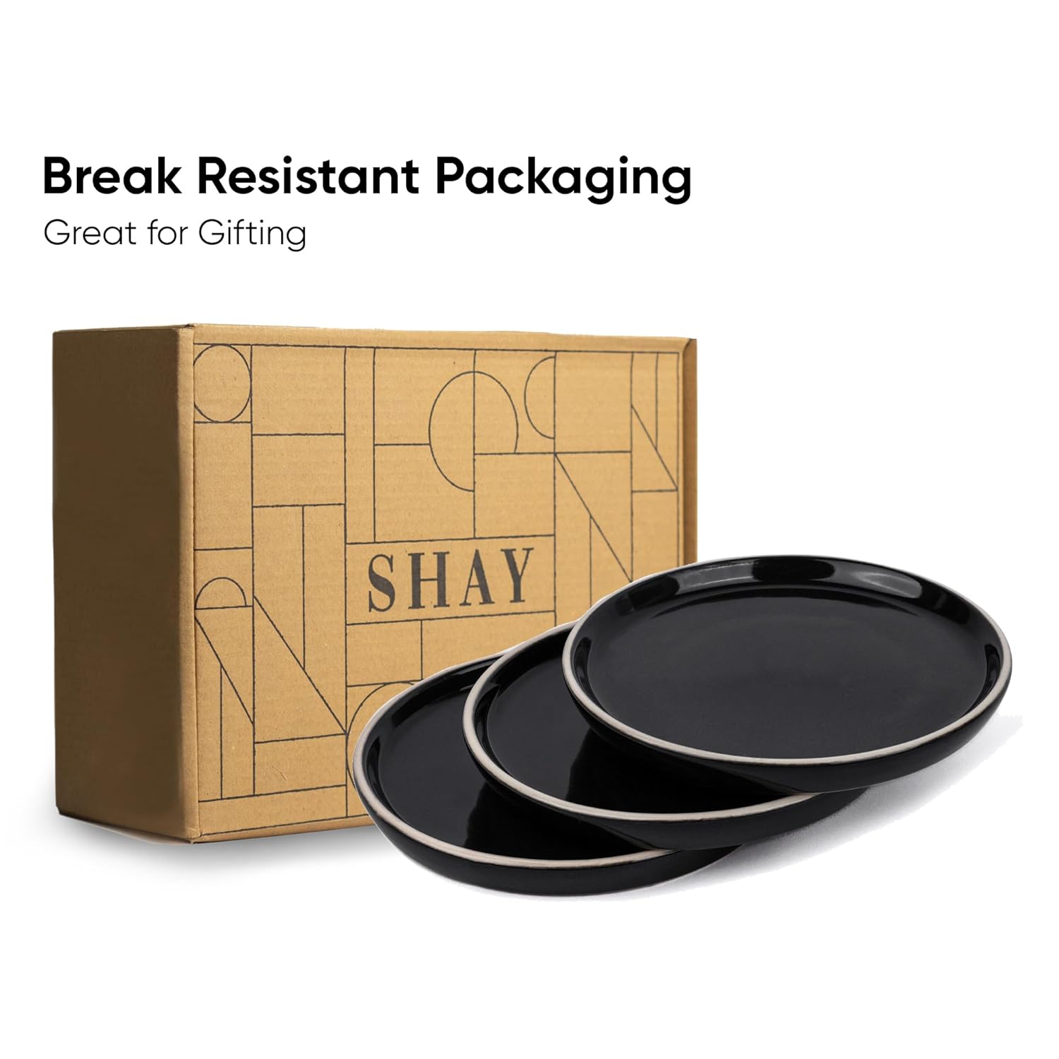 Ceramic Quarter Plates Set Of 6, Black With White Rim | Ceramic Snack Plates - Snacks Plates Set | Dessert Plates, Snack Plate - Small Plates With Glossy Finish | Microwave Safe & Chip Resistant