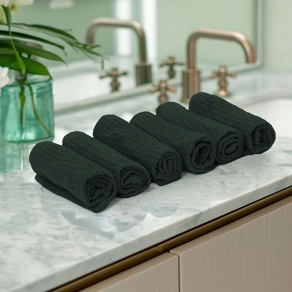 Encasa Xo Kitchen Hand Towels Set 150 Gsm | Waffle Weave & Flat Hand Towel | Quick Drying Reusable Cotton Washcloths | Set Of 6 (Green)