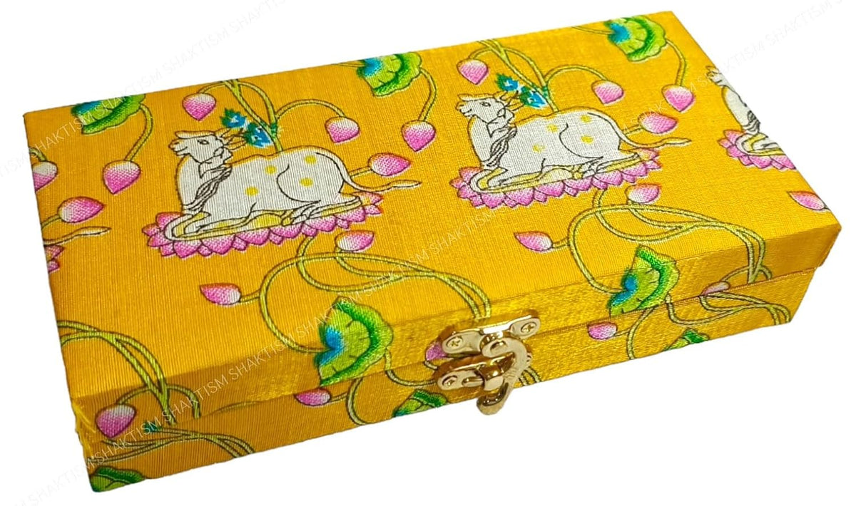 Decorative & Attractive Box Cash Box, Shagun Box, Jewellery Box, Money Box Envelop Wedding, Gift Box, Bangel Box With Cow Lotus Embroidery Design, Colour - Yellow