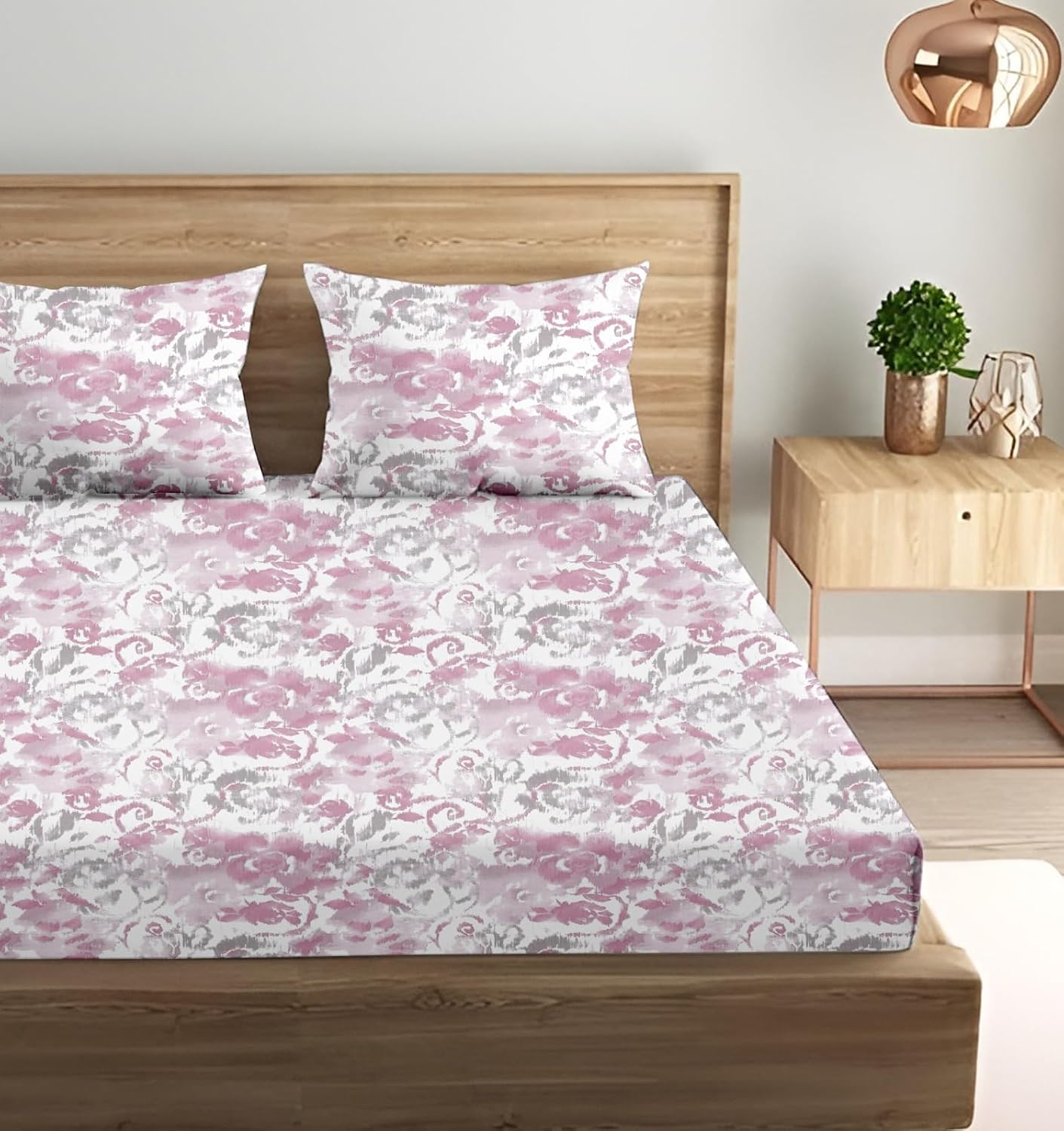 King Size Fitted Bedsheet With 2 Large Pillow Covers - 108 X 108 Inches, Pink & White | Soft, Breathable & Durable | Wrinkle Resistant