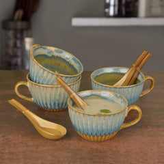 Studio Pottery Hand Glazed Dual Tone Ceramic Soup Cup With Spoon Set Of 4 - 300ml Each, Teal & Sand Yellow | Cereal Cups - Maggi Serving Bowls