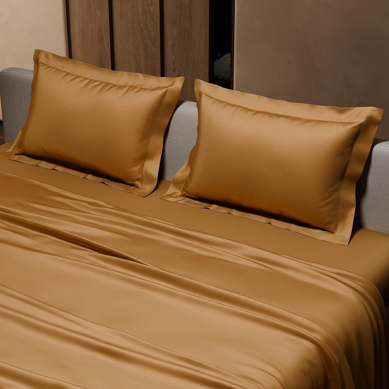 Double Bedsheet With 2 Pillow Covers - 90 X 100 Inches, Gold | Ultra Satin Premium Bedding Set | Gift For Couples, Wedding, Anniversary, Date Night