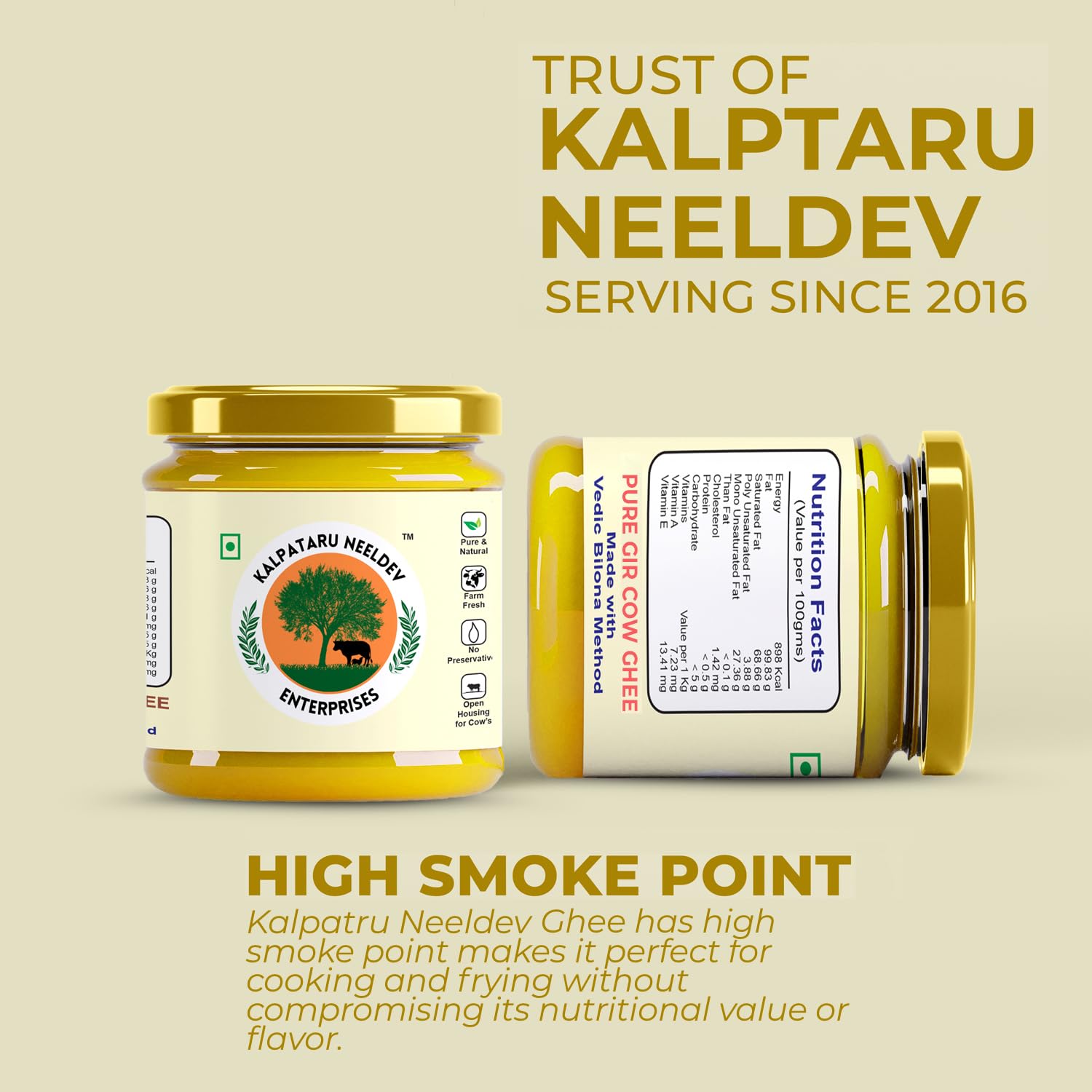 Organic Natural Desi A2 Gir Cow Ghee By Kalpataru Neeldev Enterprises | Vedic Bilona Method Curd-Churned Gir Cow Ghee Good For Glowing Skin | (250ml) 8.4 Ounce | Jar Pack