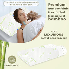 Bamboo Cervical Memory Foam Pillow For Neck & Shoulder Pain Relief, White | Orthopedic Contour Pillow For Sleeping & Spinal Alignment | Ergonomic Support, Removable Cover - Set Of 2