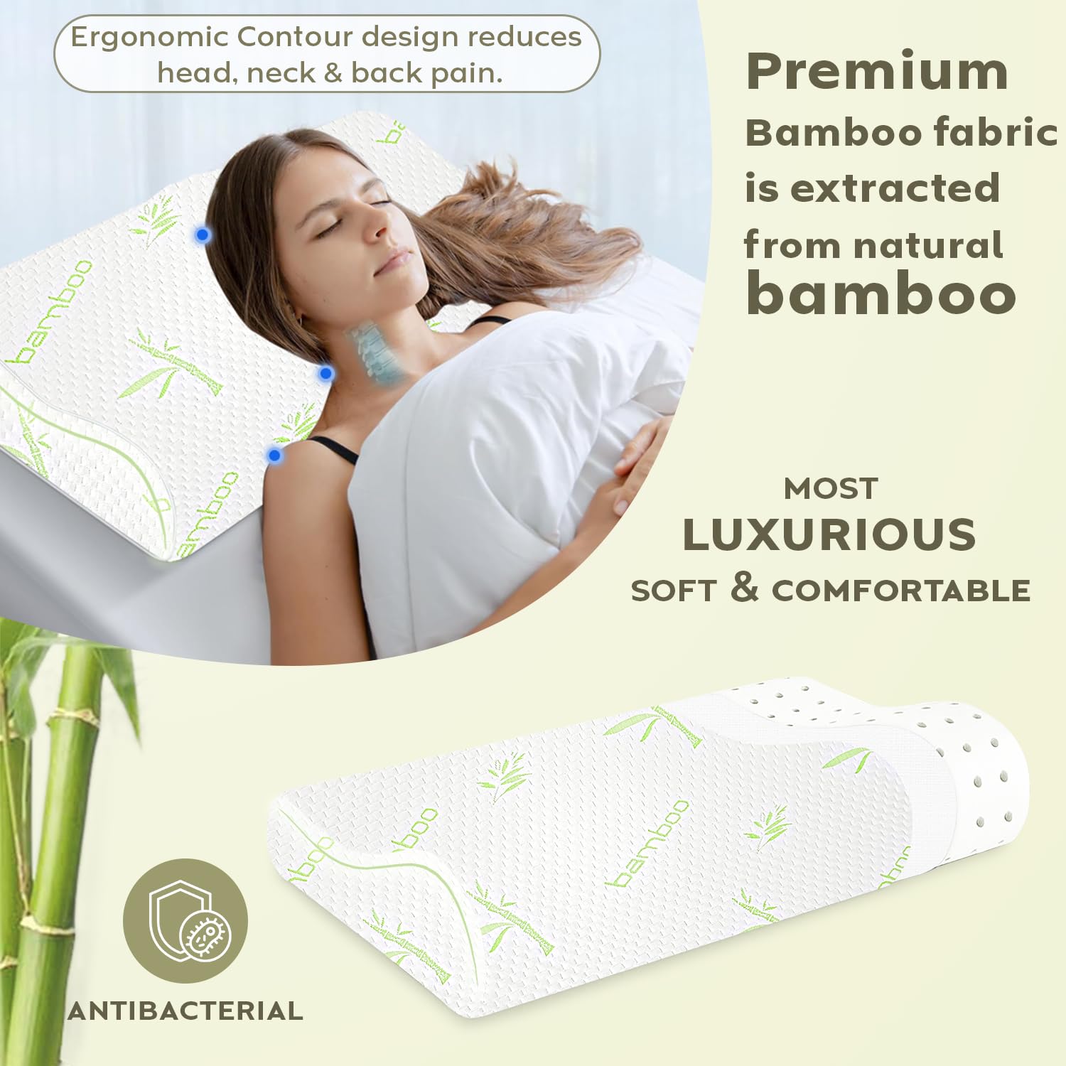 Cervical Pillow For Neck & Shoulder Pain Relief, Bamboo Memory Foam Pillow, White | Contour Neck Orthopedic Pillow For Spinal Alignment Ergonomic Pillow, Removable Cover - Set Of 4