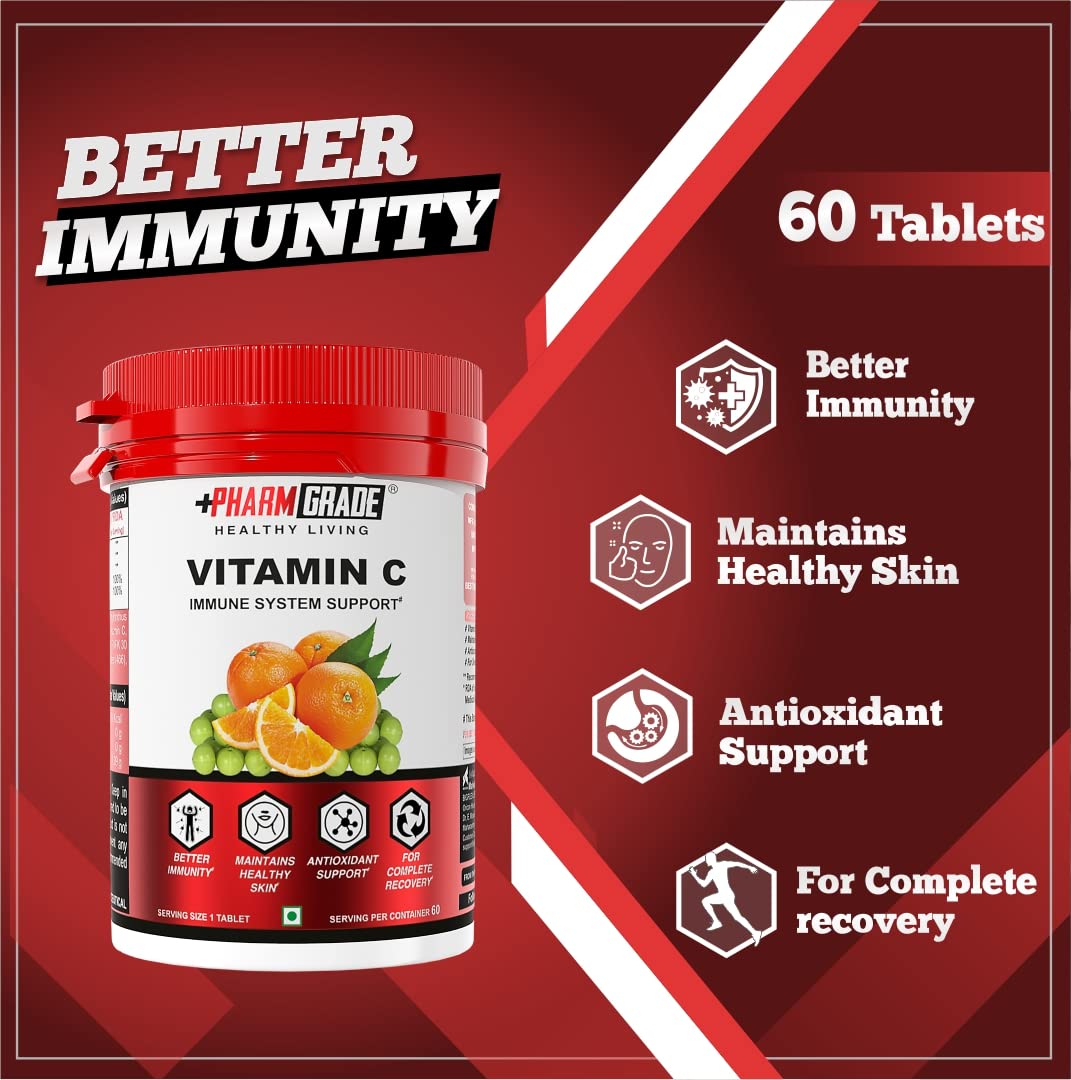 Pharmgrade Healthy Living Vitamin C , Natural Fruits Immunity Supplement For Men & Women , Antioxidants Skincare , Immunity Booster, Orange Peel, Vegan & Keto Friendly | 60 Tablets , 100gm 0.2lbs