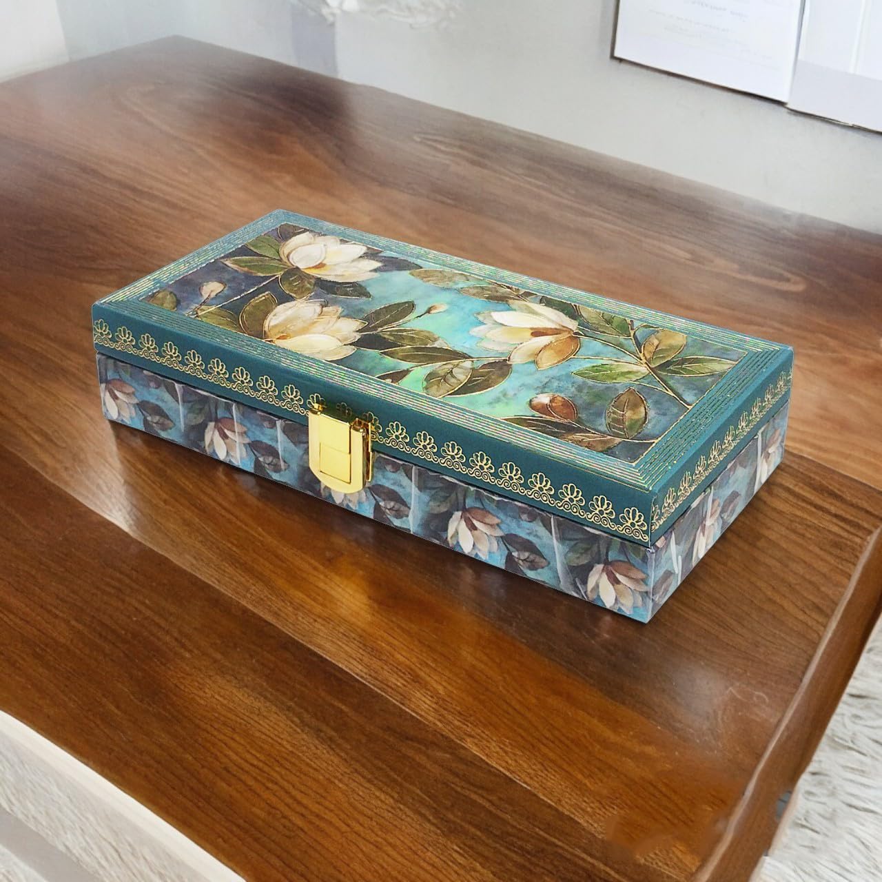 Flower Design Gold Printed Matt Touch Mgi Floral Decorative Box, Wedding Fancy Shagun Cash Box, Jewellery Box, Money Box, Gaddi Box, Colour - Green